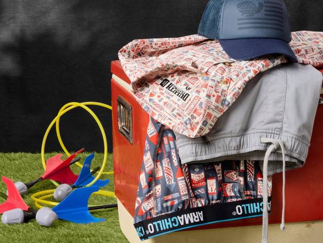 Americana patterned shirt, underwear, and hat.