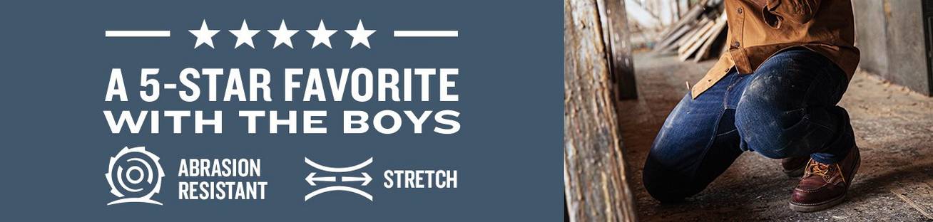A 5-star favorite with the boys. Abrasion resistant. Stretch. An image of a man crouching.