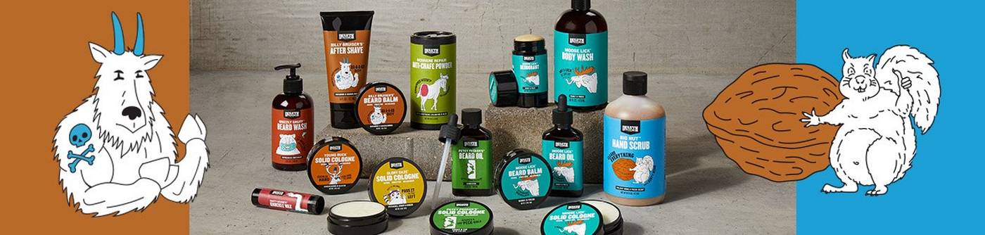 photo of various spit n' polish apothecary products, accompanied by illustrated characters featured on the packaging