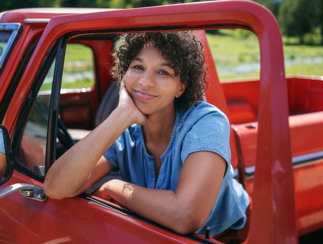 Woman wearing a blue shirt leaning against red truck.