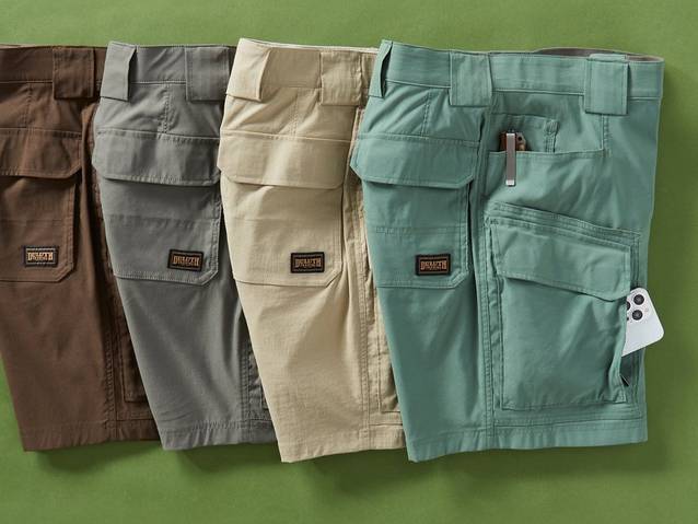 Four pairs of men's cargo shorts.