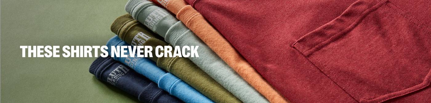 Headline: These Shirts Never Crack. Up close image of shirts.