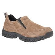 Brown suede slip on shoes.