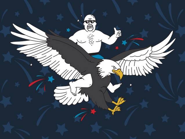Illustration of bald man riding eagle.