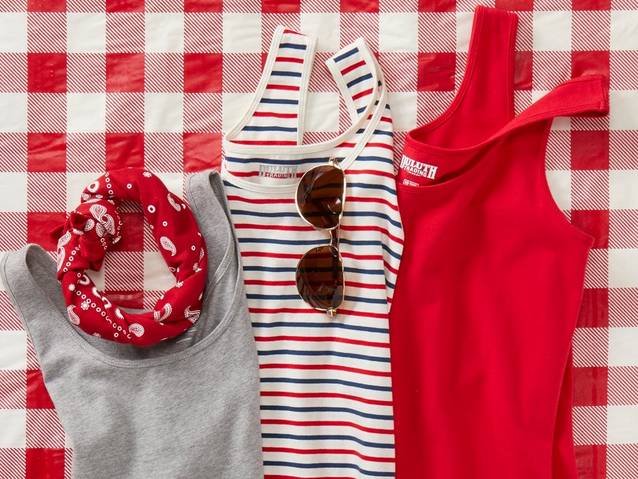 Americana patterned women's tank tops, sunglasses and bandana.