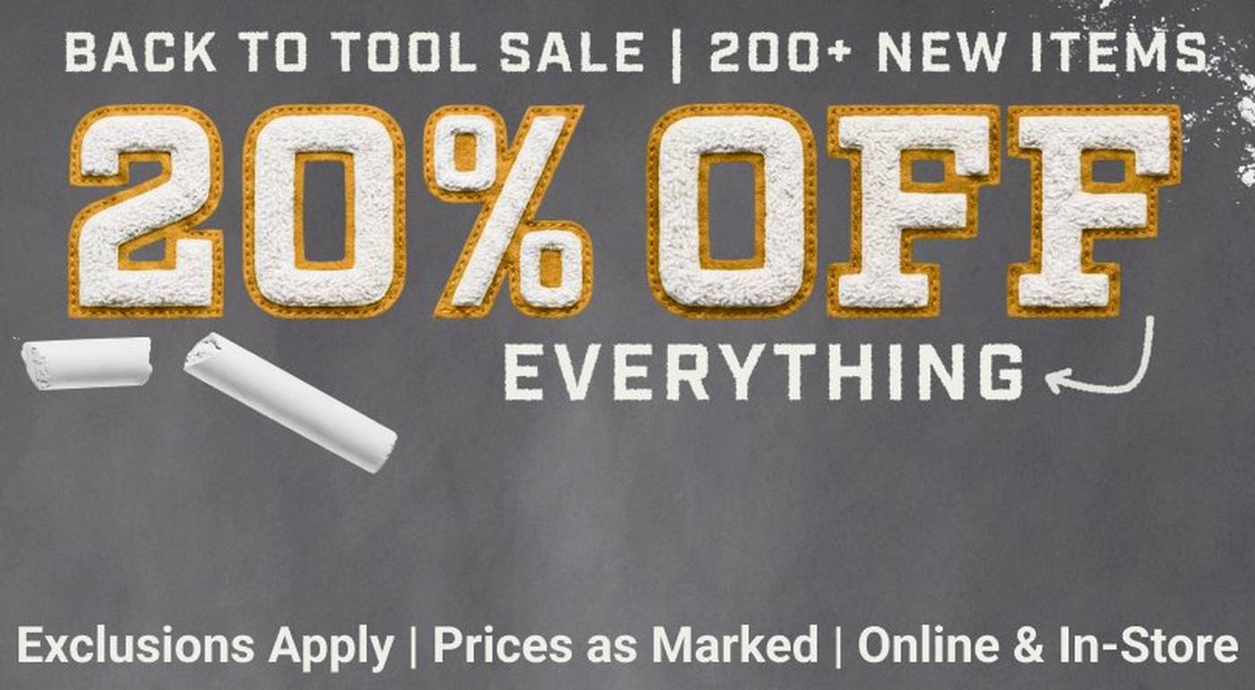 Headline: 20% OFF Everything. Exclusions Apply. Prices as Marked. Online & In-Stores.