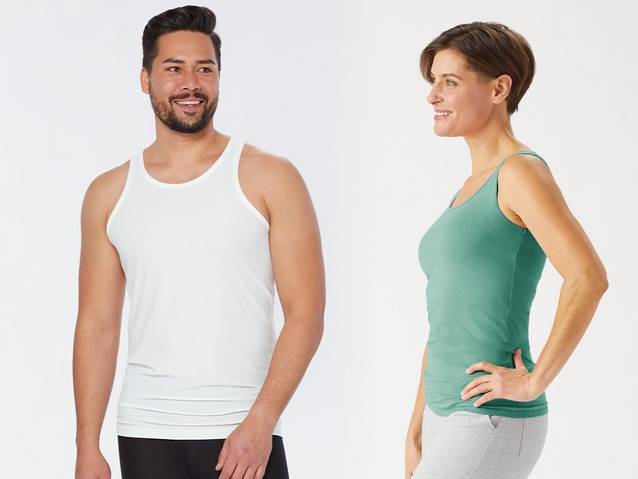 a male and female studio model wearing undershirts