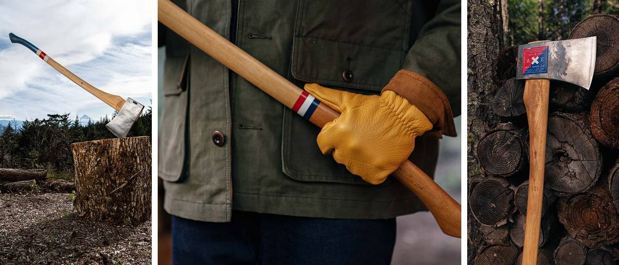 A collage of images including an axe in a stump, a man holding an axe with a yellow glove, and an axe leaning on a stack of logs