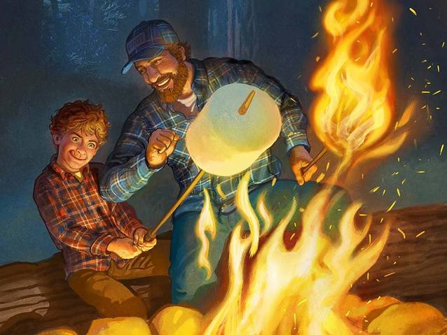 father and son roasting marshmallows in flannels