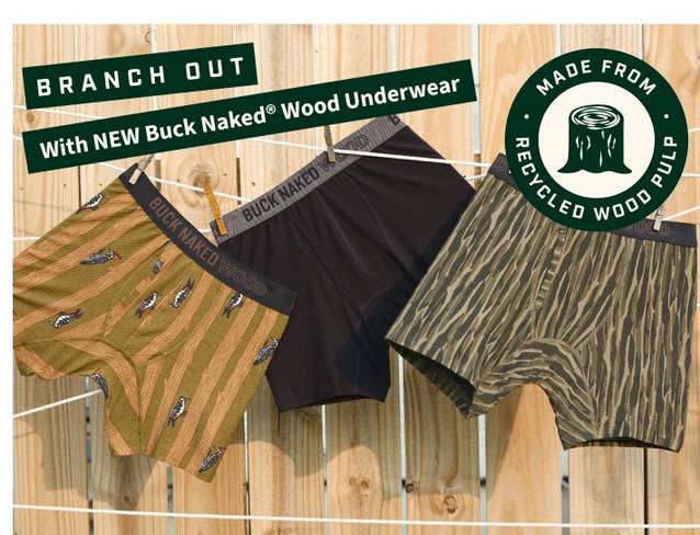 Headline: branch out with new Buck Naked® Wood underwear. Men's boxer briefs hanging on line.