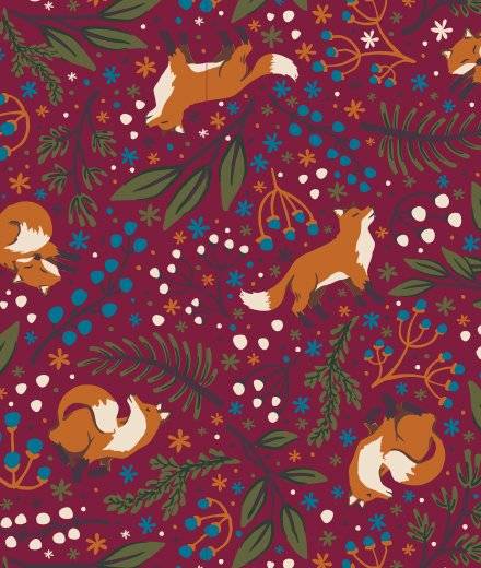 A pattern of foliage and foxes on a pink background