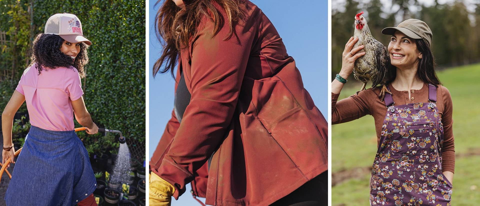 Three images of women working outside in a garden setting