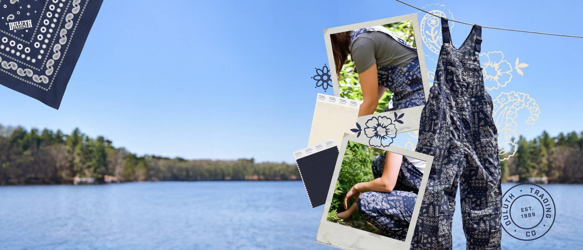 Navy overalls shown over a lake