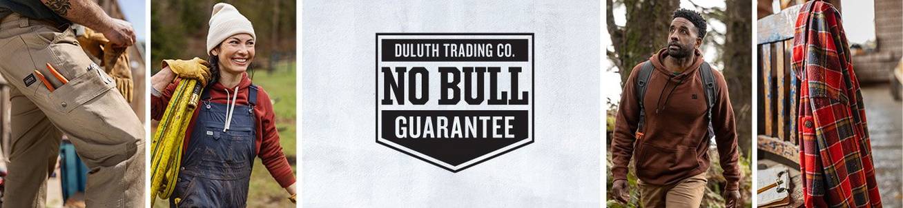 duluth trading company no bull guarantee logo, with a collage of images of Duluth and AKHG products