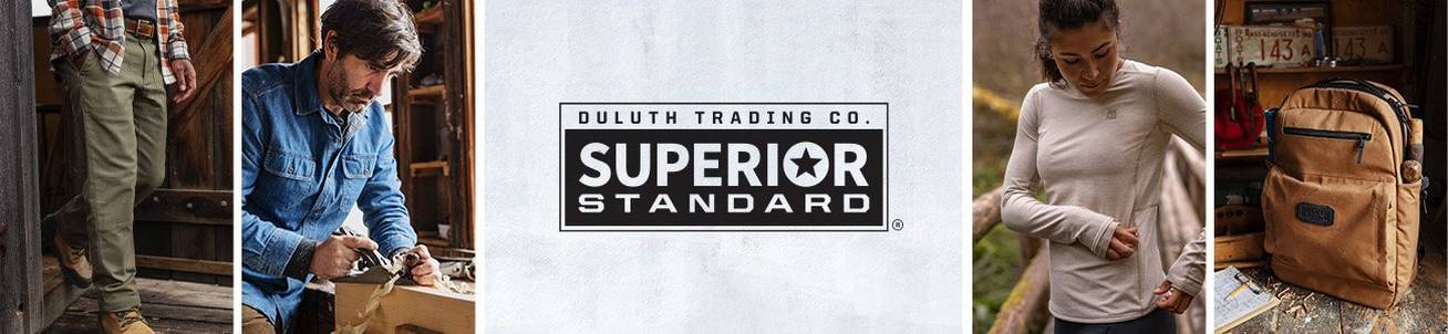 duluth trading company superior standard logo, with a collage of images of Duluth and AKHG products