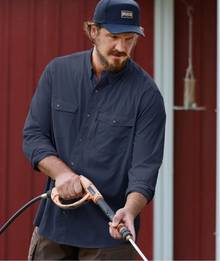 Man wearing a navy button-down.