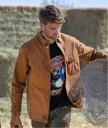 Man wearing a brown work shirt.