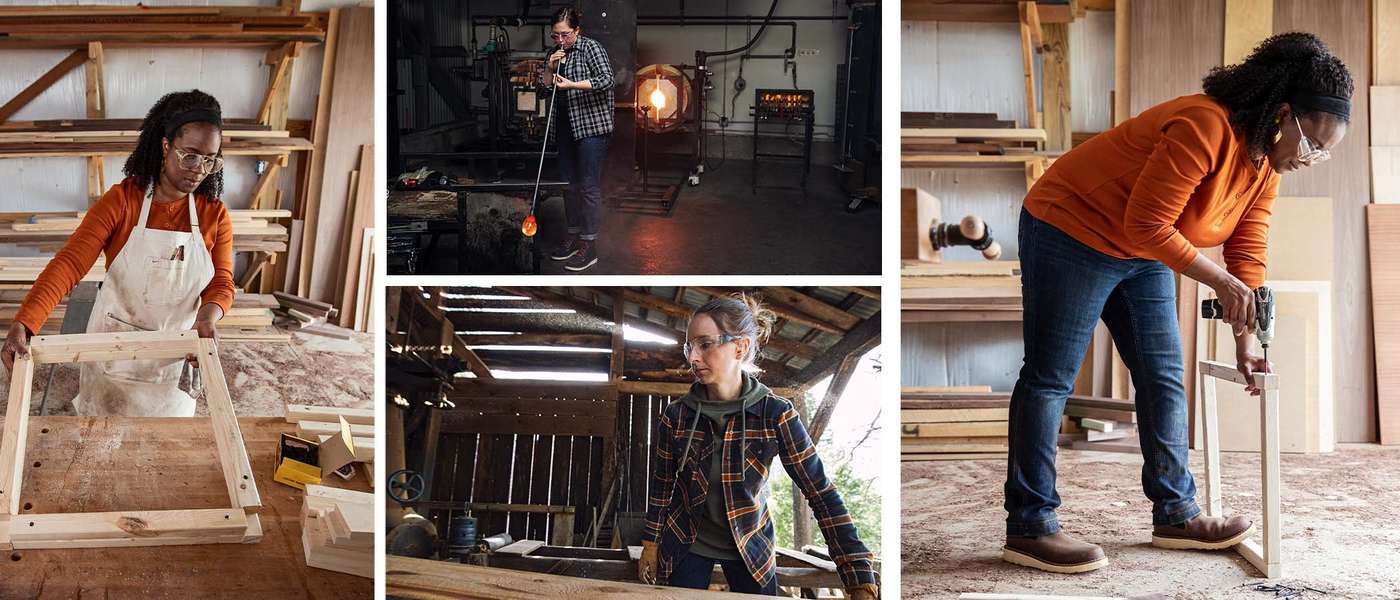 women working in collage featuring free swingin flannel, longtail and denim