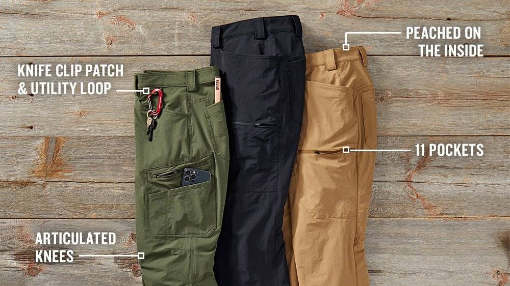 three pairs of flexpedition pants, featuring eleven pockets, articulated knees, a utility loop, and peaching on the inside