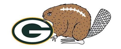Illustration of the Angry Beaver, colored like a football, biting the Green Bay Packers logo