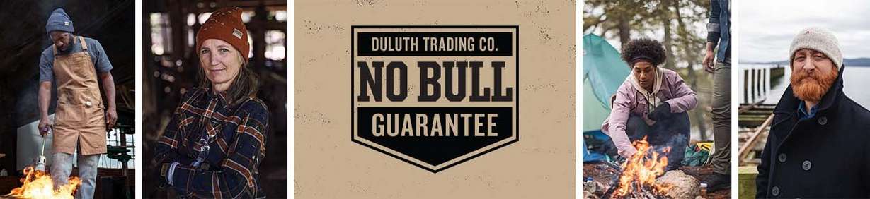 Duluth Trading Co. No Bull Guarantee collage of men and women portraits and work