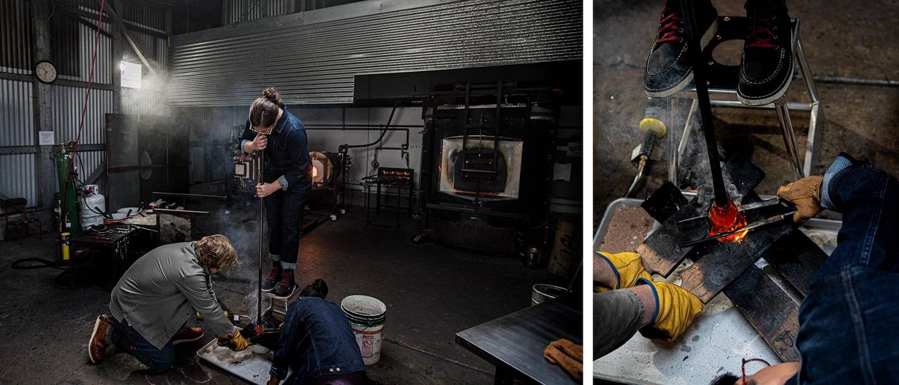 Caroline blowing glass in a workshop