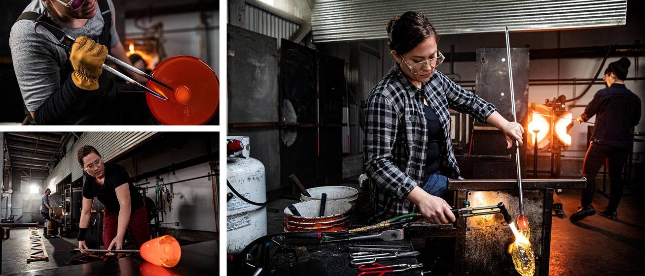a collage of images showing Caroline at work in her glass blowing studio