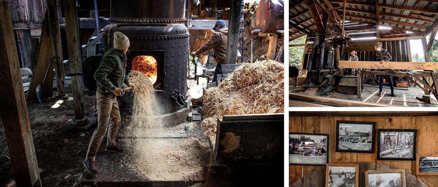 collage of images of gregg & sarah operating their steam-powered lumber mill