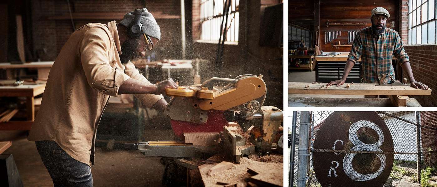 a collage of images of JD working in his workshop