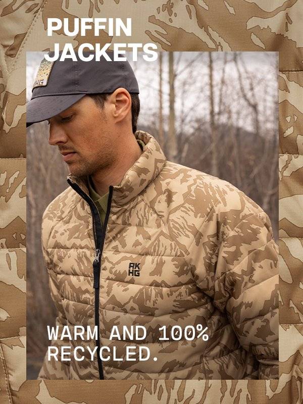 Men's tan patterned puffer jacket.
