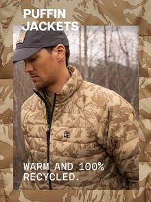 Men's tan patterned puffer jacket.