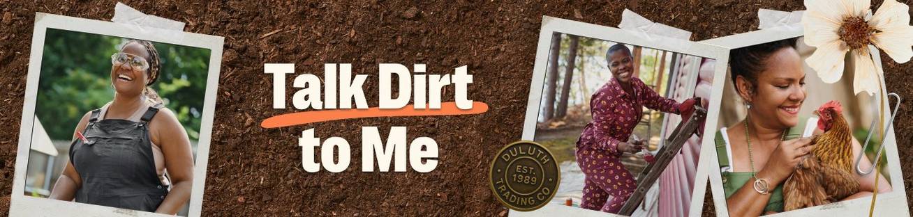 Headline: Talk Dirt to Me. Polaroid photos of women wearing overalls.
