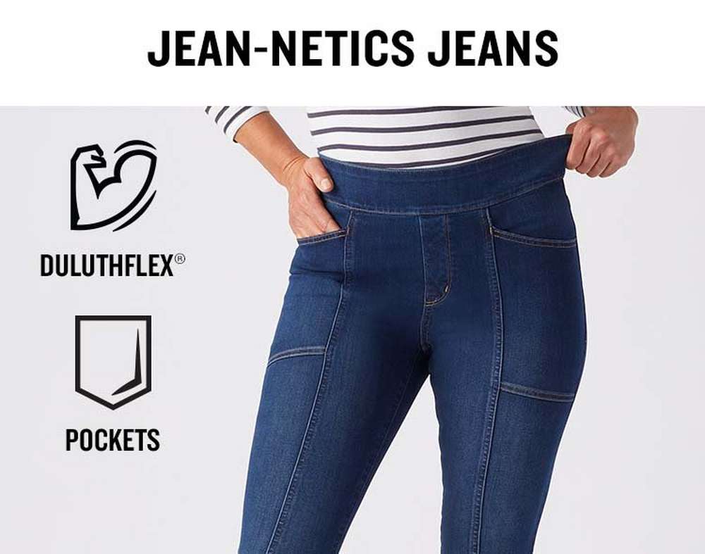 Jean-netics jeans. Duluthflex (R). Pockets.