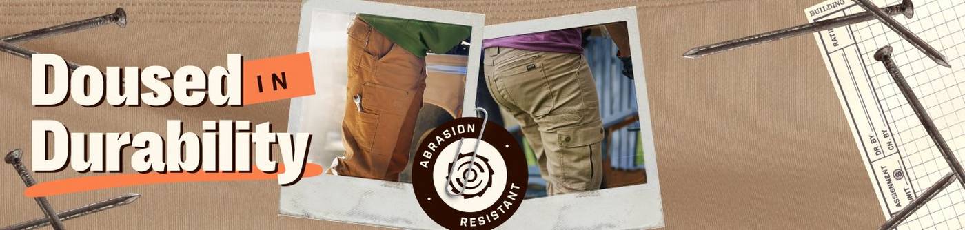 Headline: Doused in Durability. Polaroids showing Fire Hose® Pants