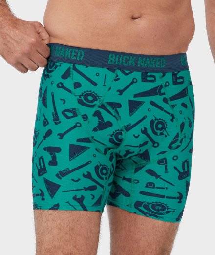 Teal men's boxer briefs with tool pattern.