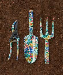 Floral patterned gardening tools.