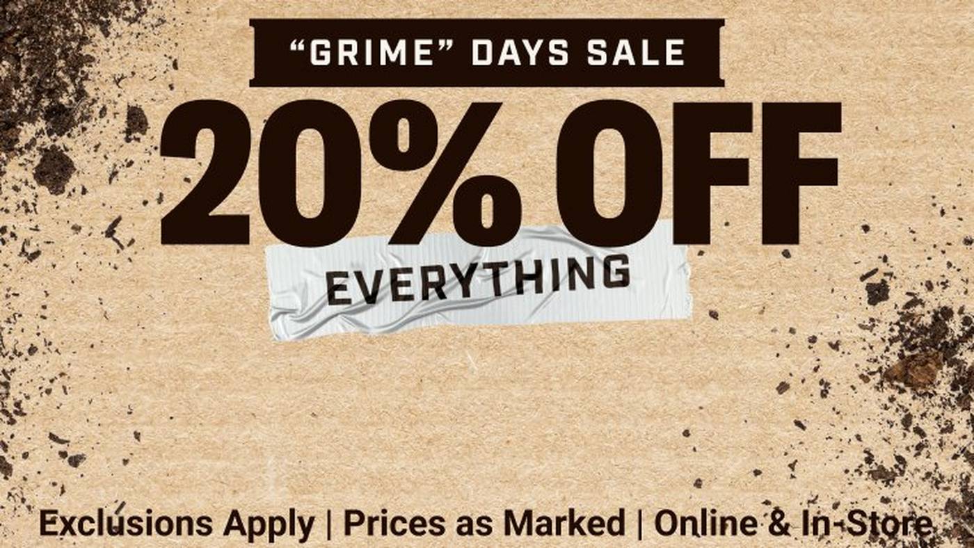 Headline: 20% OFF Everything. Exclusions Apply. Prices as Marked. Online & In-Stores.