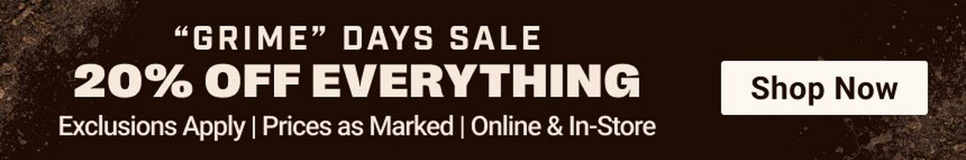 Headline: 20% OFF Everything. Exclusions Apply. Prices as Marked. Online & In-Stores.