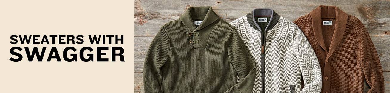 Sweaters with swagger. 3 men's sweaters on a wood banground.