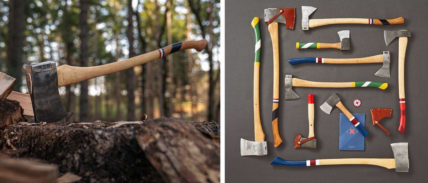A collection of Best Made axes with colorful handles