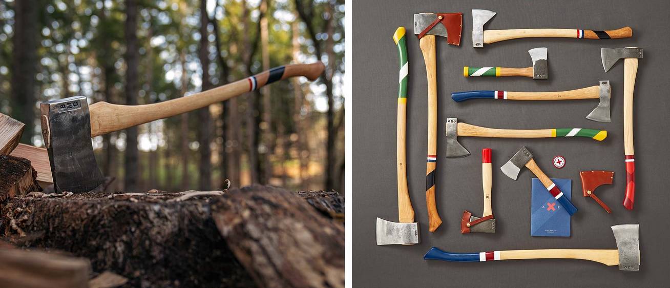 A collection of Best Made axes with colorful handles