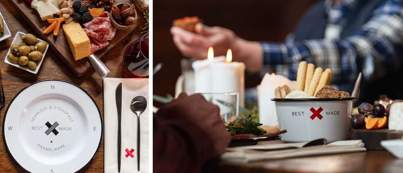 A festive table spread with Best Made enamelware dishes
