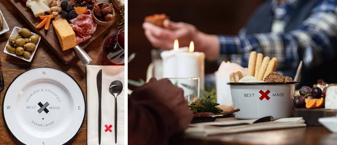 A festive table spread with Best Made enamelware dishes