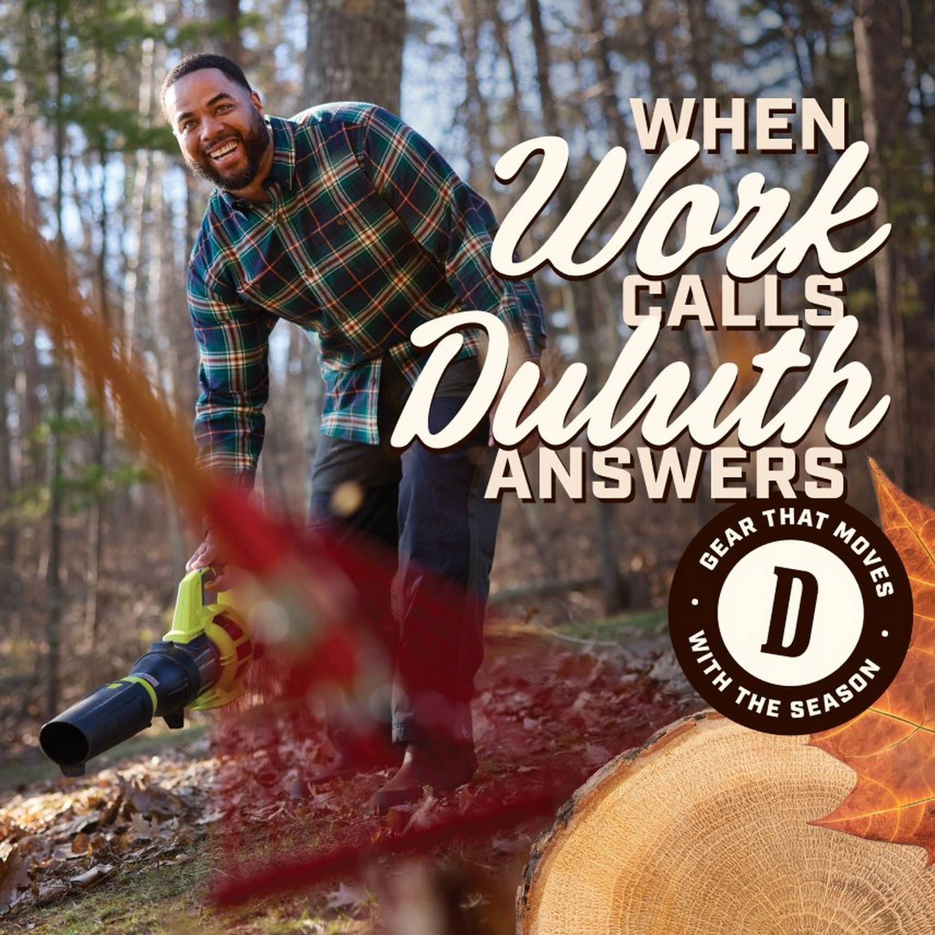 Man wearing flannel, leaf blowing outside.