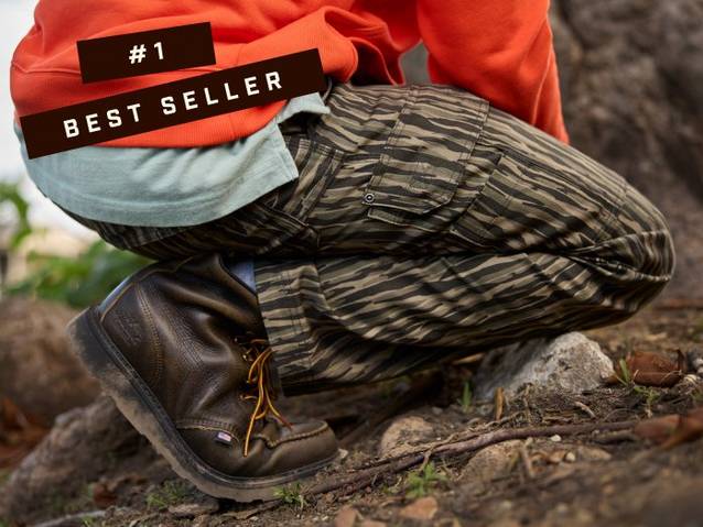 Man crouching in camouflage patterned pants.