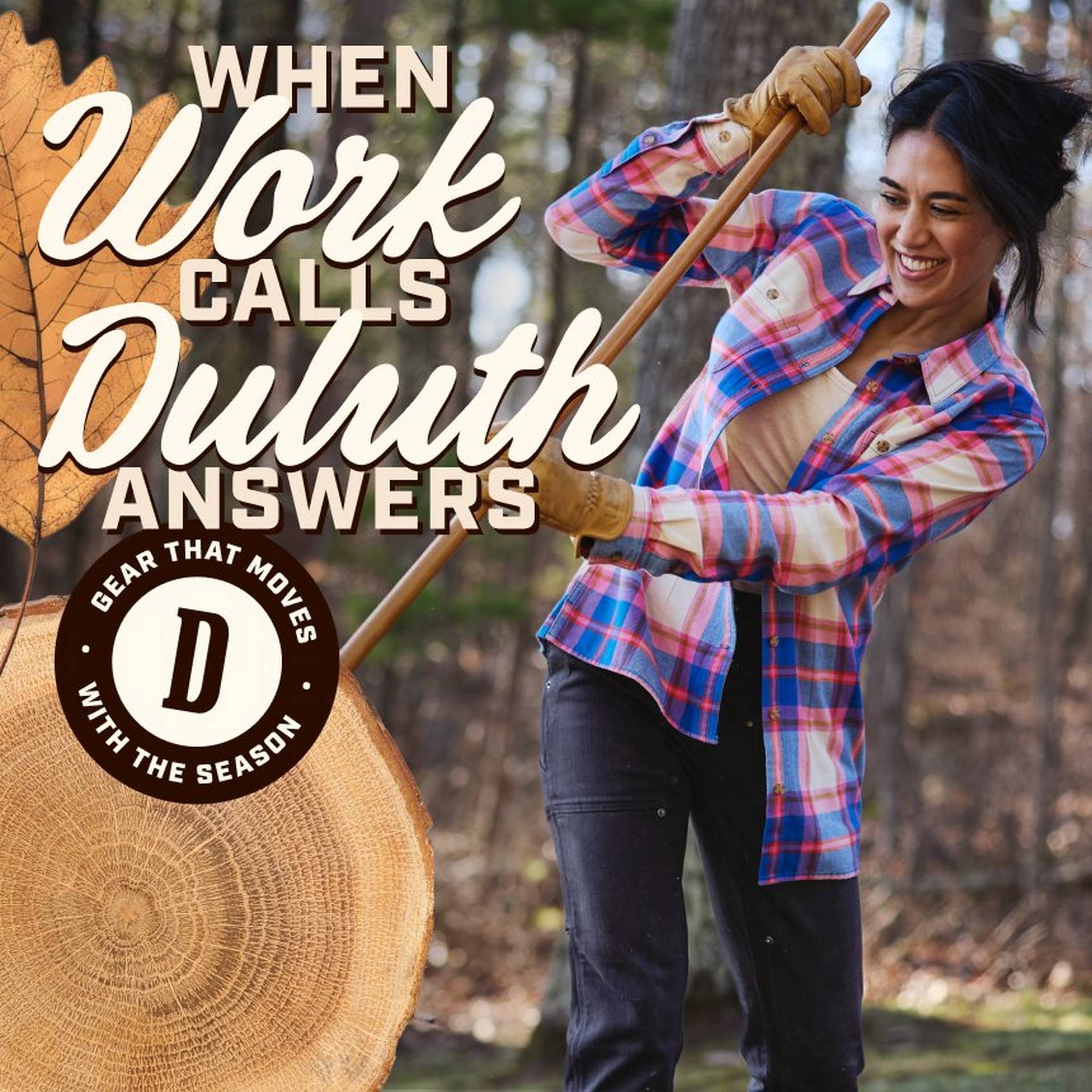 Woman wearing flannel, raking leaves.