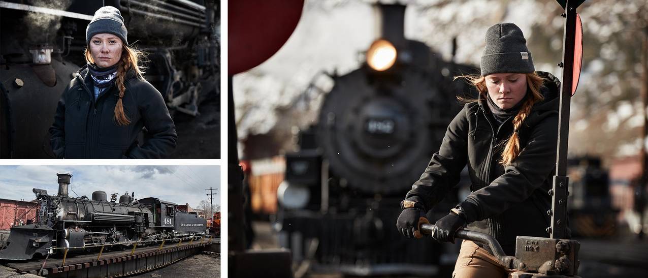 collage of images of kylah working with trains