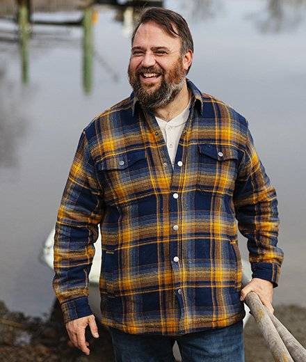 A man in a blue and yellow plaid shirt jac