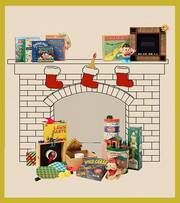 Toys, games, and tools piled near illustrated fireplace.