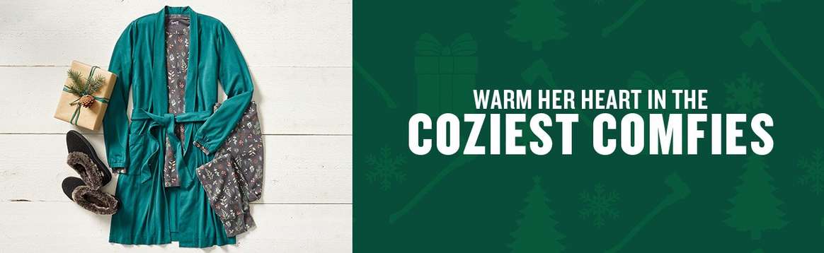 Warm her heart in the coziest comfies. Women's robe, holiday pajamas and slippers.
